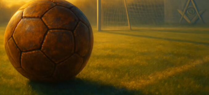 Football hitting the net symbolizing a decisive Masonic moment of meaning