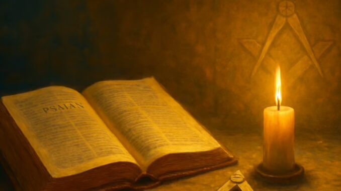 Open book of Psalms with Masonic square and compasses symbolizing wisdom