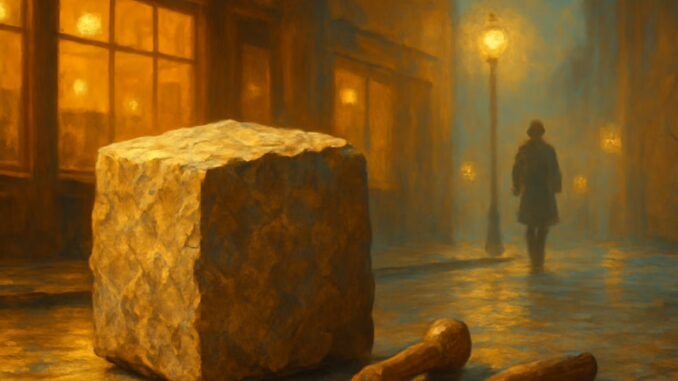 Rough ashlar stone and chisel symbolizing Masonic character building