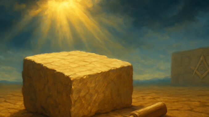 Open ancient book with Masonic rough ashlar stone symbolizing inner growth