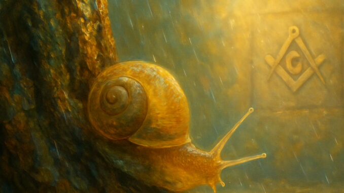 A camouflaged tree snail blending into wet bark in a tropical rainforest